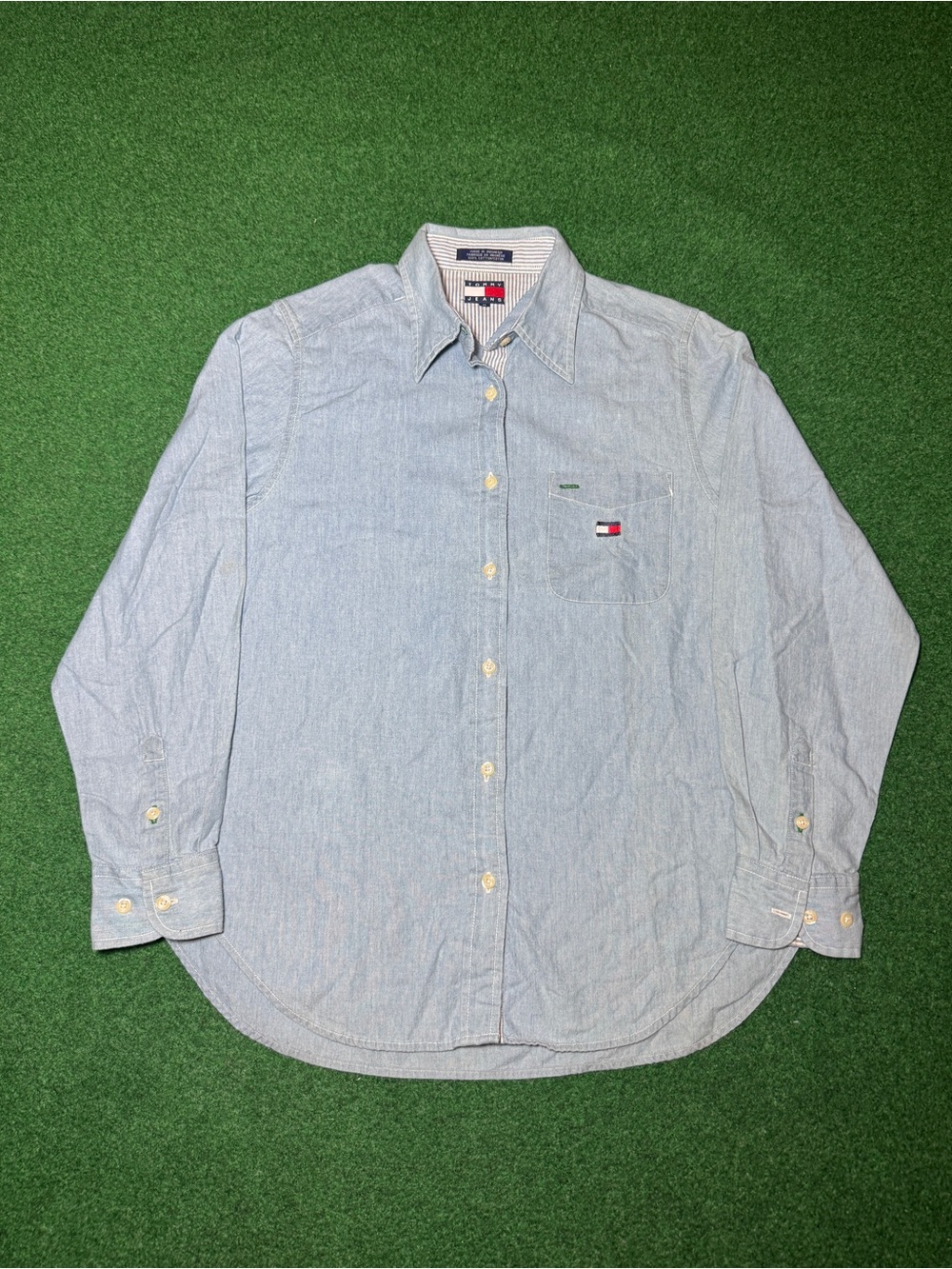 Tommy Hilfiger Vintage Shirt Womens 8 Button Up L/XL 21x27 Flag Tommy Jeans
